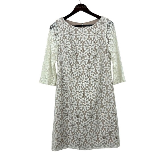 Eliza J Floral Lace Dress Size 8 Womens Tan White 3/4 Sleeve Sheath Cocktail N3 - Picture 1 of 12